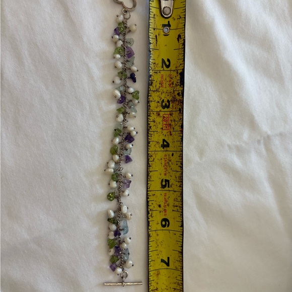 Pearl Amethyst Peridot Aquamarine Nugget Dangle Sterling Bracelet 925 7.5” - Picture 4 of 7